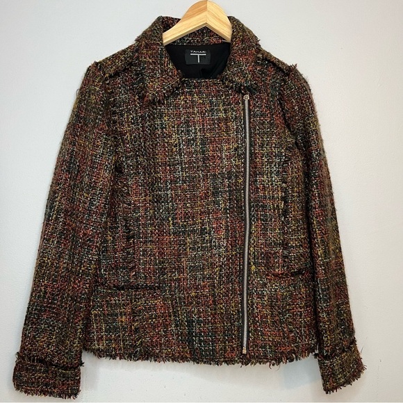 Tahari Women's Sz 8 Twill Knit Frayed Edge Zip Up Blazer Jacket Multicolor Moto - Picture 1 of 16